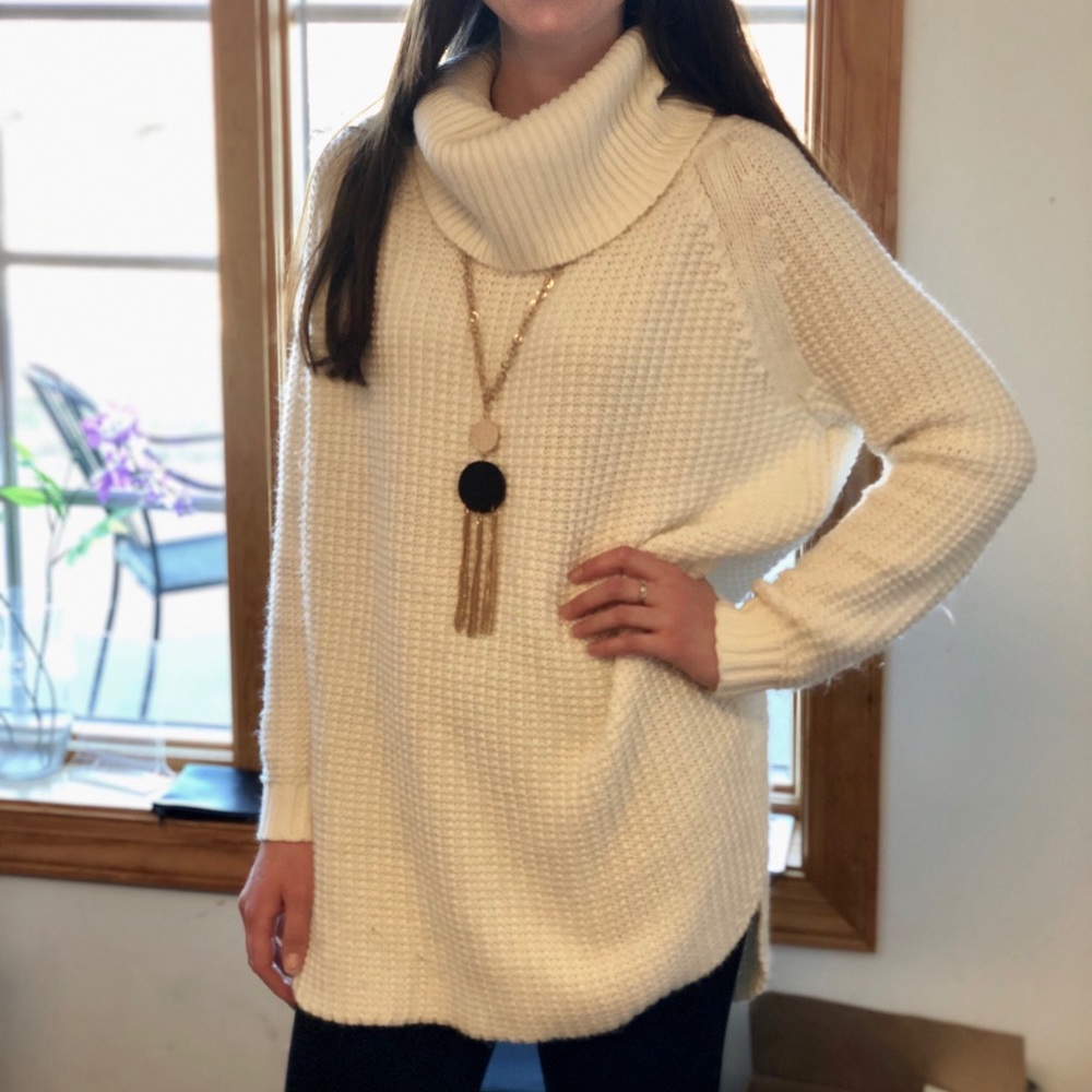White/Cream Knit Sweater with Cowl Neck